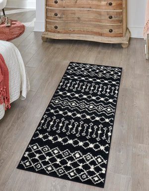 Black and White 2' x 6' 1 Tribal Trellis Runner Area Rug Geometric Southwestern Inspired Durable Carpet for Home Interior Design for Sale at Rug Engine