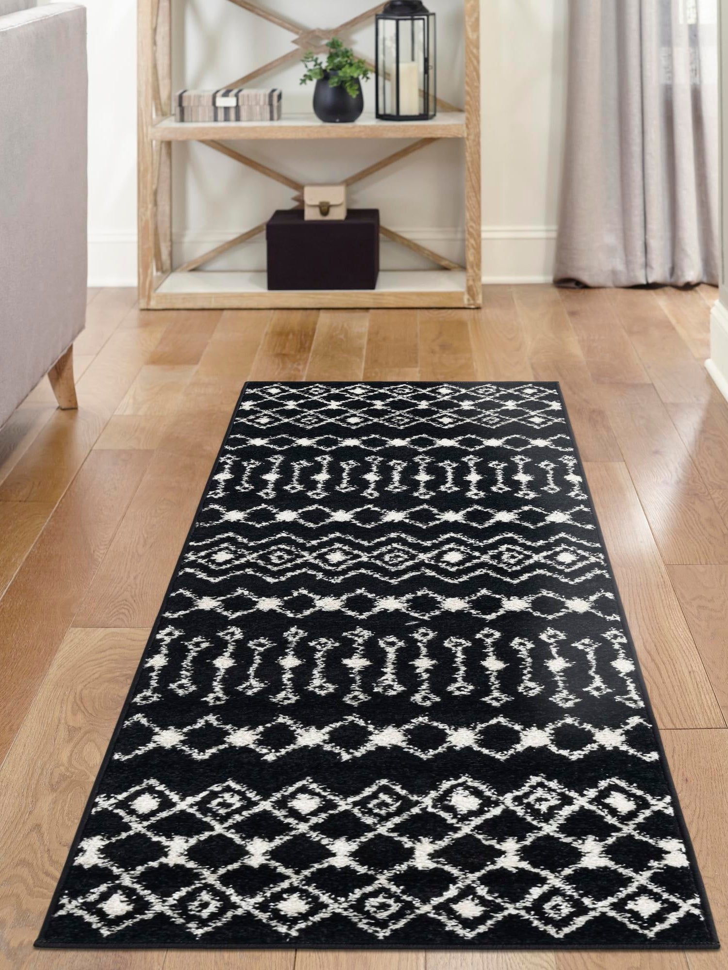 Black and White 2' x 5' 3 Tribal Trellis Runner Area Rug Geometric Southwestern Inspired Durable Carpet for Home Interior Design for Sale at Rug Engine
