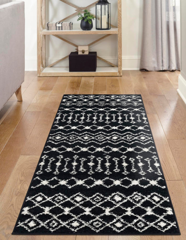 Black and White 3' 3 x 16' 5 Tribal Trellis Runner Area Rug Geometric Southwestern Inspired Durable Carpet for Home Interior Design for Sale at Rug Engine