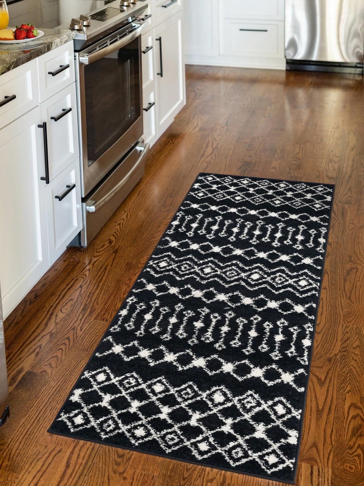 Black and White 2' 7 x 12' Tribal Trellis Runner Area Rug Geometric Southwestern Inspired Durable Carpet for Home Interior Design for Sale at Rug Engine