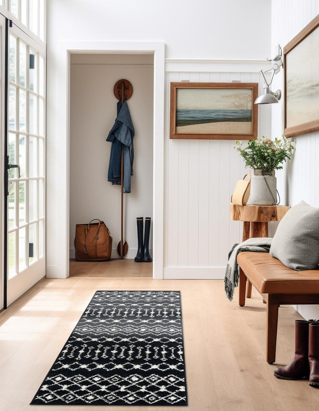 Black and White 2' x 8' Tribal Trellis Runner Area Rug Geometric Southwestern Inspired Durable Carpet for Home Interior Design for Sale at Rug Engine