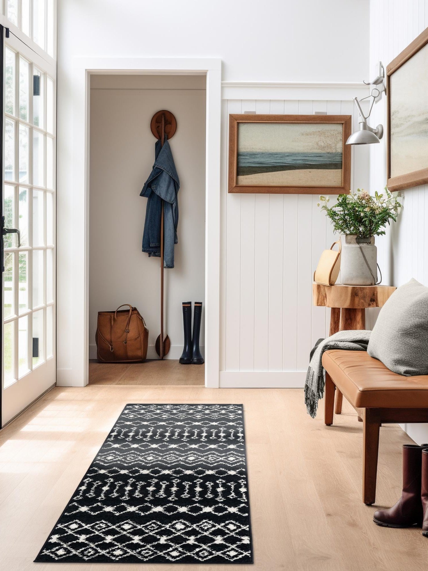 Black and White 2' x 5' 3 Tribal Trellis Runner Area Rug Geometric Southwestern Inspired Durable Carpet for Home Interior Design for Sale at Rug Engine