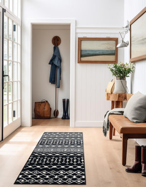 Black and White 2' x 5' 3 Tribal Trellis Runner Area Rug Geometric Southwestern Inspired Durable Carpet for Home Interior Design for Sale at Rug Engine