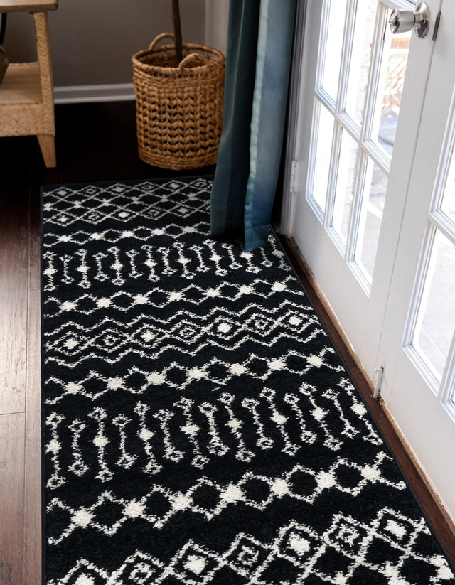 Black and White 3' 3 x 16' 5 Tribal Trellis Runner Area Rug Geometric Southwestern Inspired Durable Carpet for Home Interior Design for Sale at Rug Engine