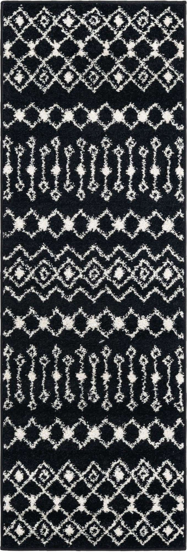 Black and White 2' x 6' 1 Tribal Trellis Runner Area Rug Geometric Southwestern Inspired Durable Carpet for Home Interior Design for Sale at Rug Engine