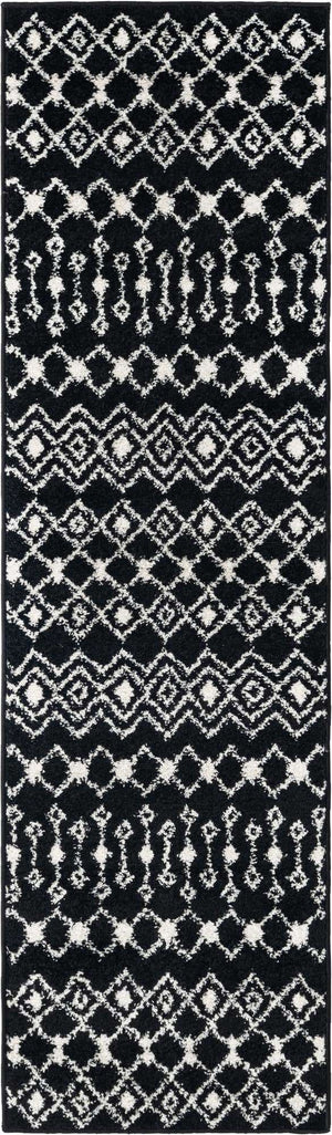 Black and White 2' x 7' 1 Tribal Trellis Runner Area Rug Geometric Southwestern Inspired Durable Carpet for Home Interior Design for Sale at Rug Engine