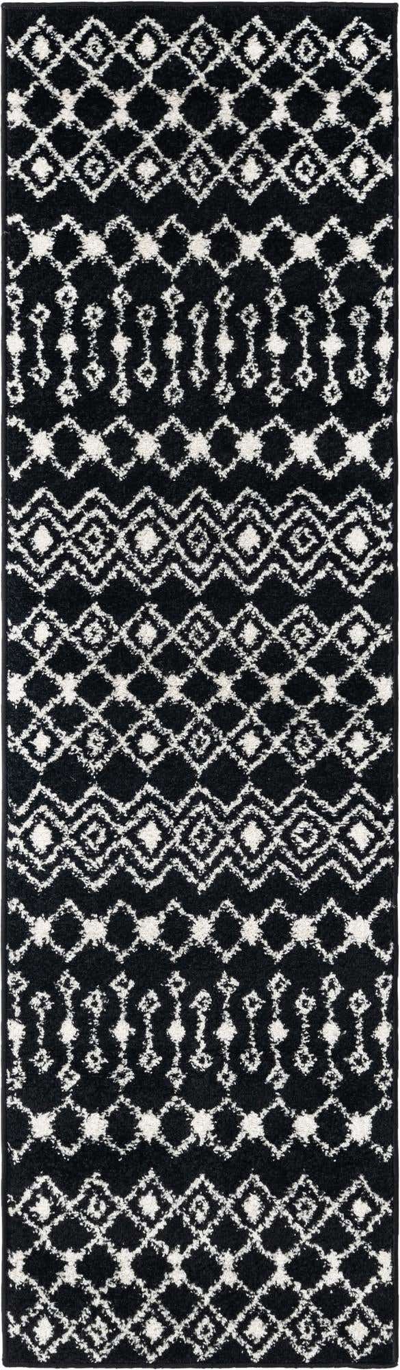Black and White 2' x 7' 1 Tribal Trellis Runner Area Rug Geometric Southwestern Inspired Durable Carpet for Home Interior Design for Sale at Rug Engine