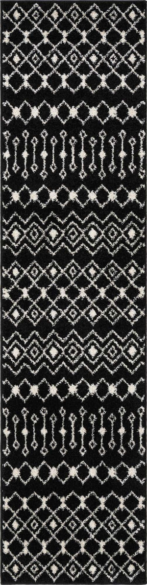 Black and White 2' x 8' Tribal Trellis Runner Area Rug Geometric Southwestern Inspired Durable Carpet for Home Interior Design for Sale at Rug Engine