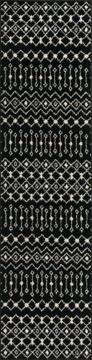 Black and White 2' 7 x 10' Tribal Trellis Runner Area Rug Geometric Southwestern Inspired Durable Carpet for Home Interior Design for Sale at Rug Engine