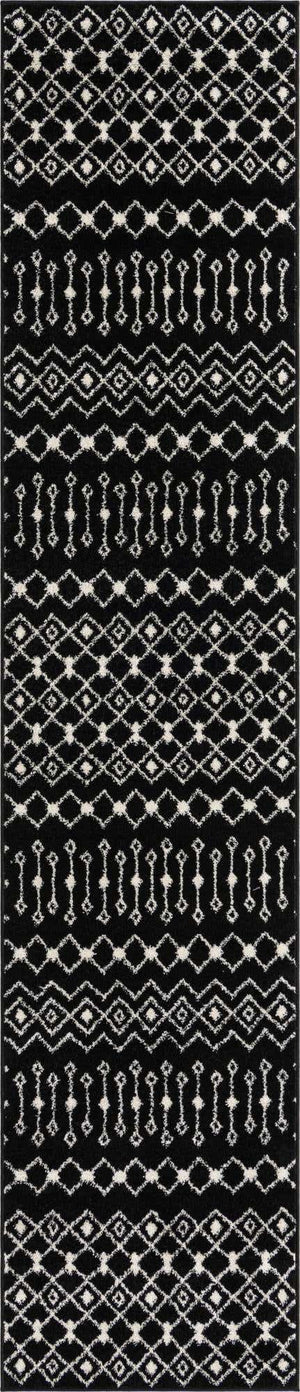 Black and White 2' 7 x 12' Tribal Trellis Runner Area Rug Geometric Southwestern Inspired Durable Carpet for Home Interior Design for Sale at Rug Engine