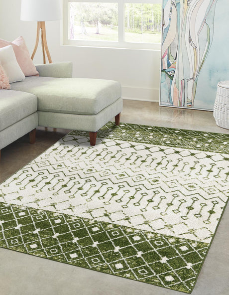 Ivory Green 5' 3 x 8' Tribal Trellis Rectangle Area Rug Geometric Southwestern Inspired Durable Carpet for Home Interior Design for Sale at Rug Engine