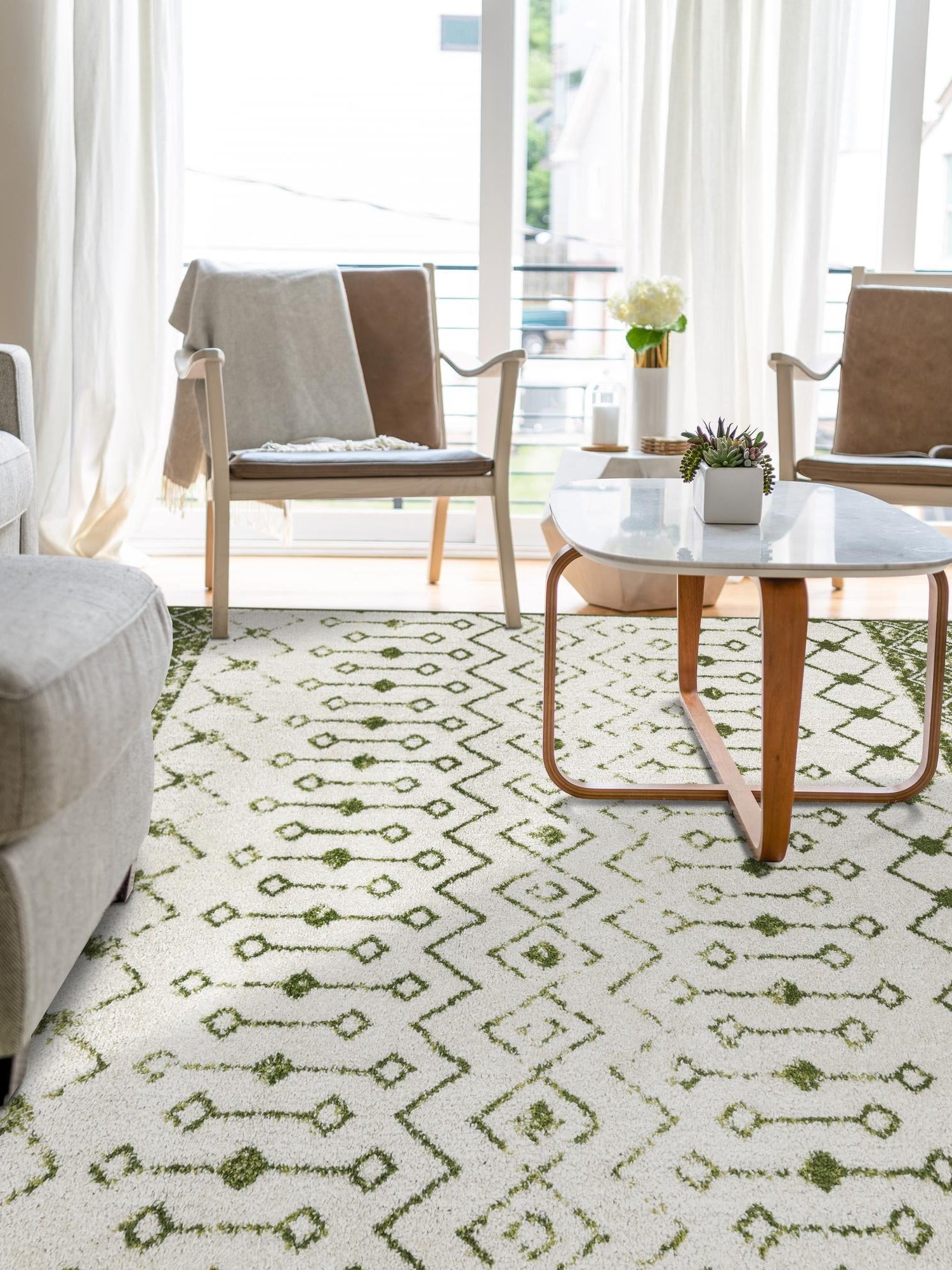 Ivory Green 5' 3 x 8' Tribal Trellis Rectangle Area Rug Geometric Southwestern Inspired Durable Carpet for Home Interior Design for Sale at Rug Engine