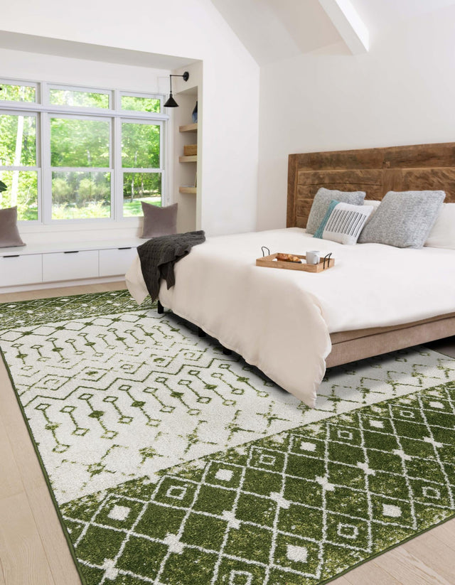 Ivory Green 5' 3 x 8' Tribal Trellis Rectangle Area Rug Geometric Southwestern Inspired Durable Carpet for Home Interior Design for Sale at Rug Engine