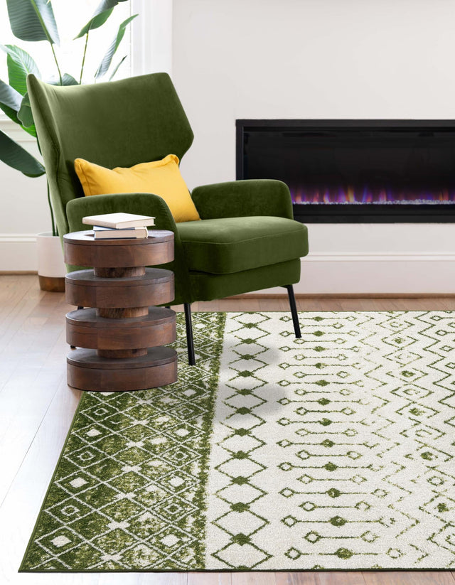 Ivory Green 5' 3 x 8' Tribal Trellis Rectangle Area Rug Geometric Southwestern Inspired Durable Carpet for Home Interior Design for Sale at Rug Engine