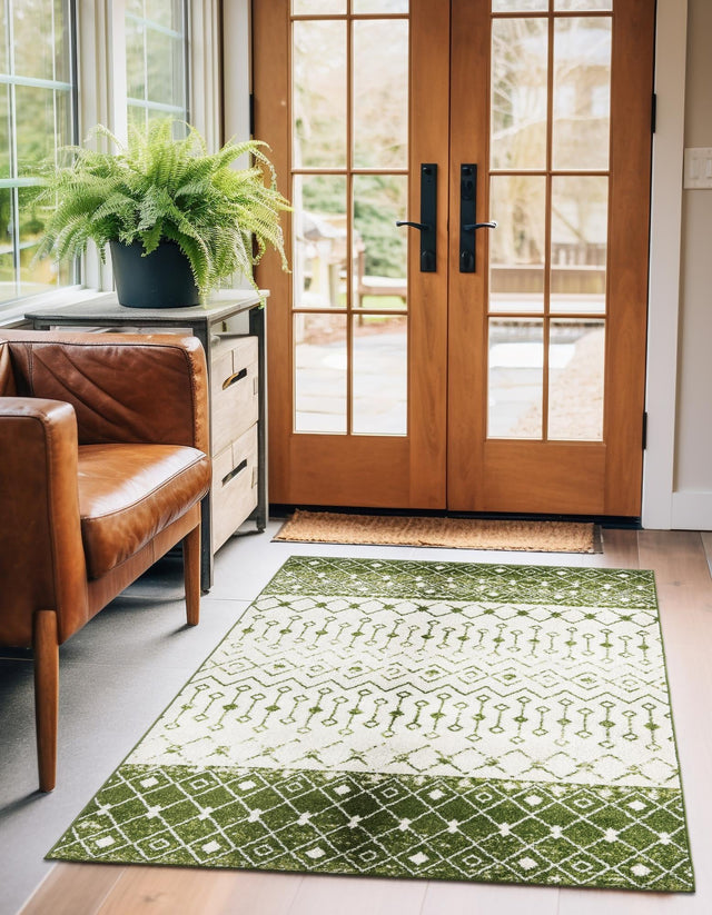 Ivory Green 5' 3 x 8' Tribal Trellis Rectangle Area Rug Geometric Southwestern Inspired Durable Carpet for Home Interior Design for Sale at Rug Engine