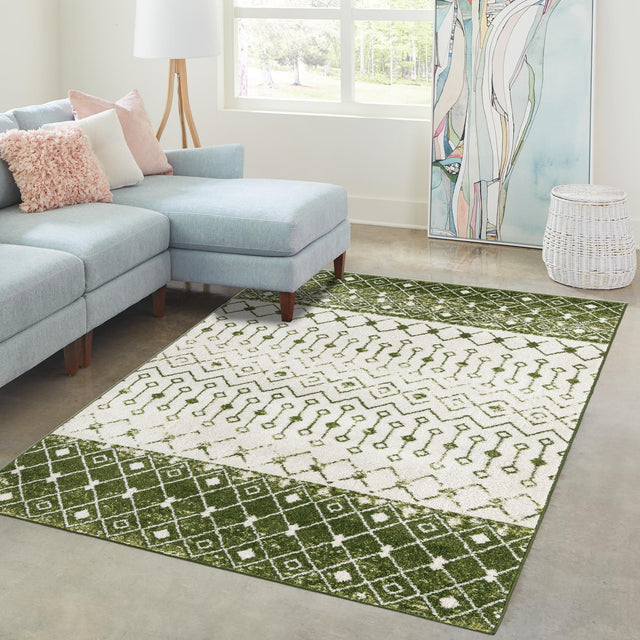 Ivory Green 8' x 10' Tribal Trellis Rectangle Area Rug Geometric Southwestern Inspired Durable Carpet for Home Interior Design for Sale at Rug Engine