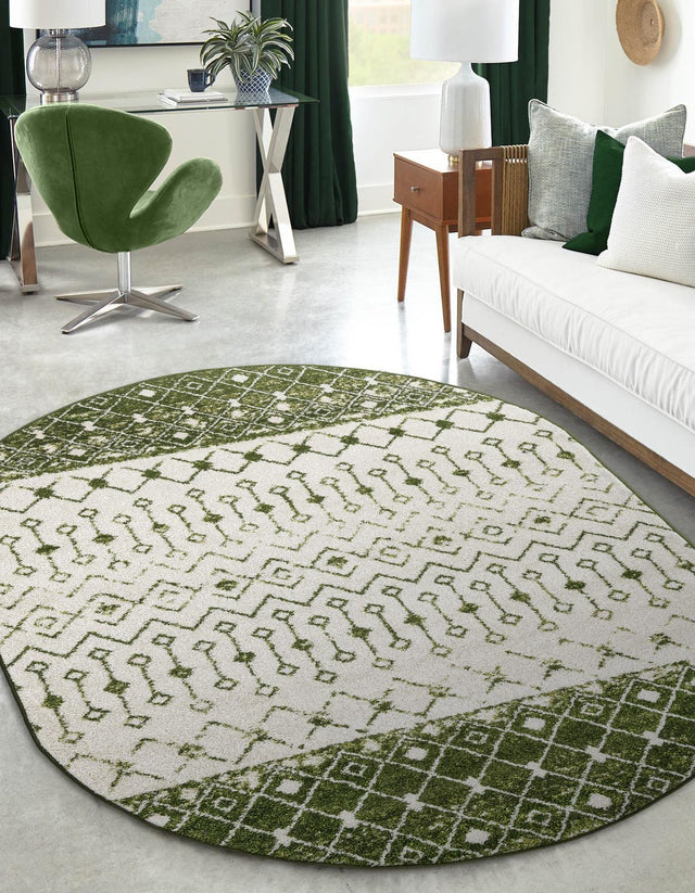 Ivory Green 4' x 6' Tribal Trellis Oval Area Rug Geometric Southwestern Inspired Durable Carpet for Home Interior Design for Sale at Rug Engine