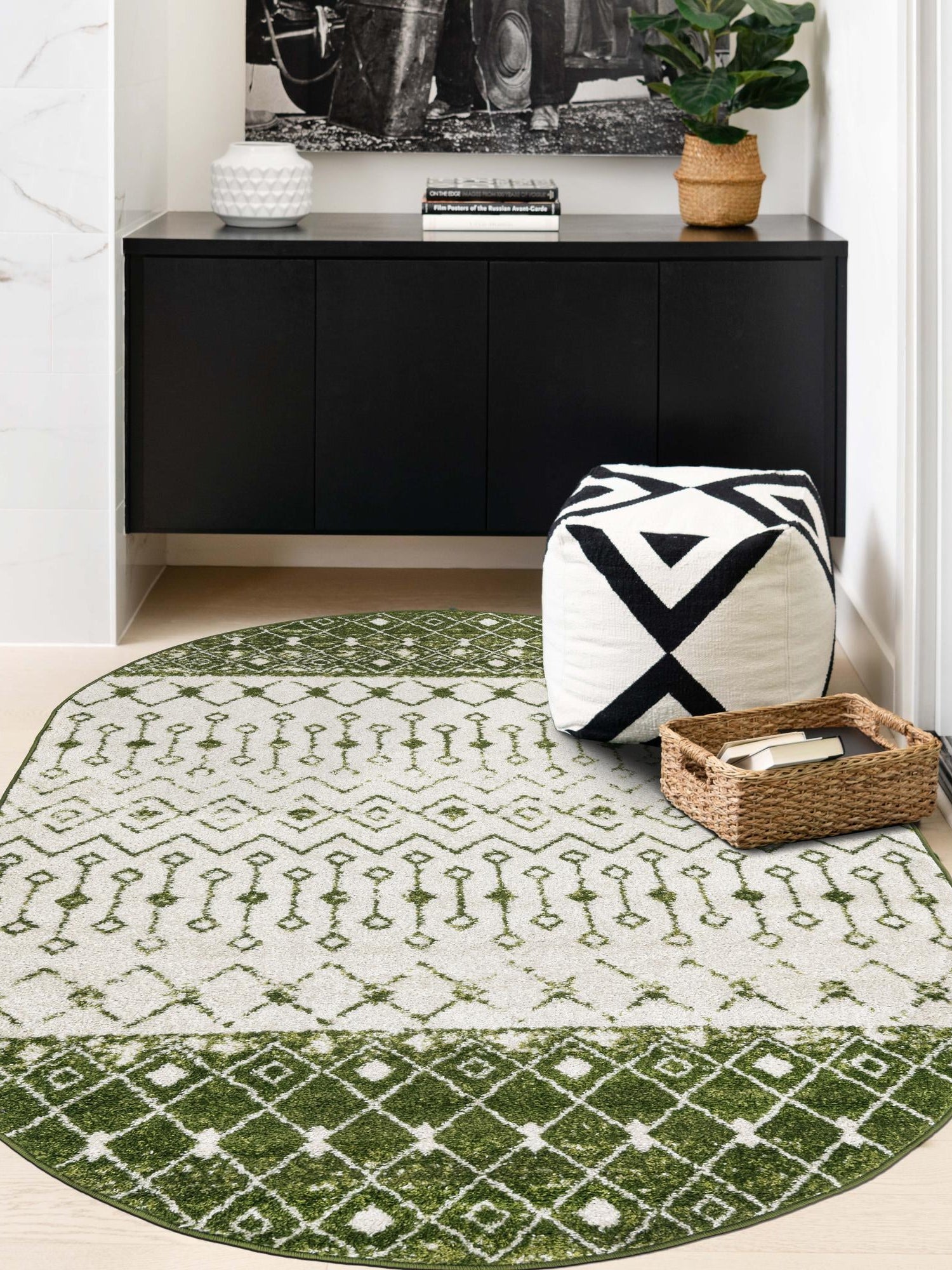 Ivory Green 5' 3 x 8' Tribal Trellis Oval Area Rug Geometric Southwestern Inspired Durable Carpet for Home Interior Design for Sale at Rug Engine