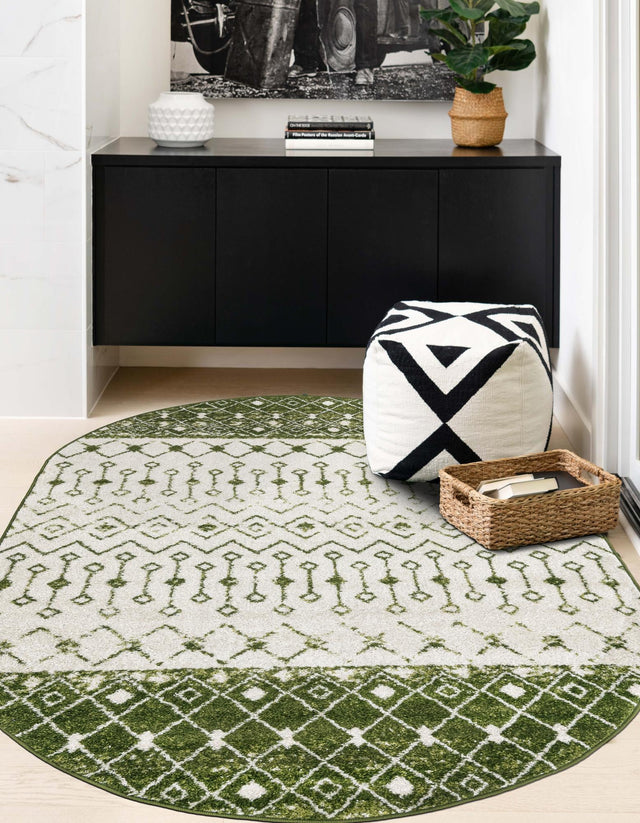 Ivory Green 5' 3 x 8' Tribal Trellis Oval Area Rug Geometric Southwestern Inspired Durable Carpet for Home Interior Design for Sale at Rug Engine