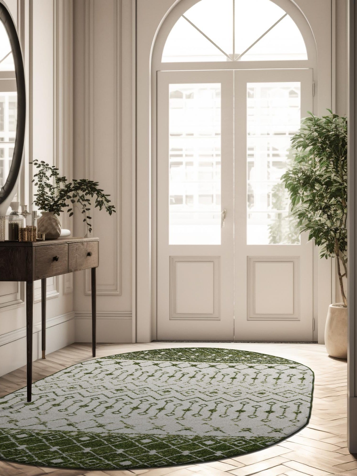 Ivory Green 5' 3 x 8' Tribal Trellis Oval Area Rug Geometric Southwestern Inspired Durable Carpet for Home Interior Design for Sale at Rug Engine