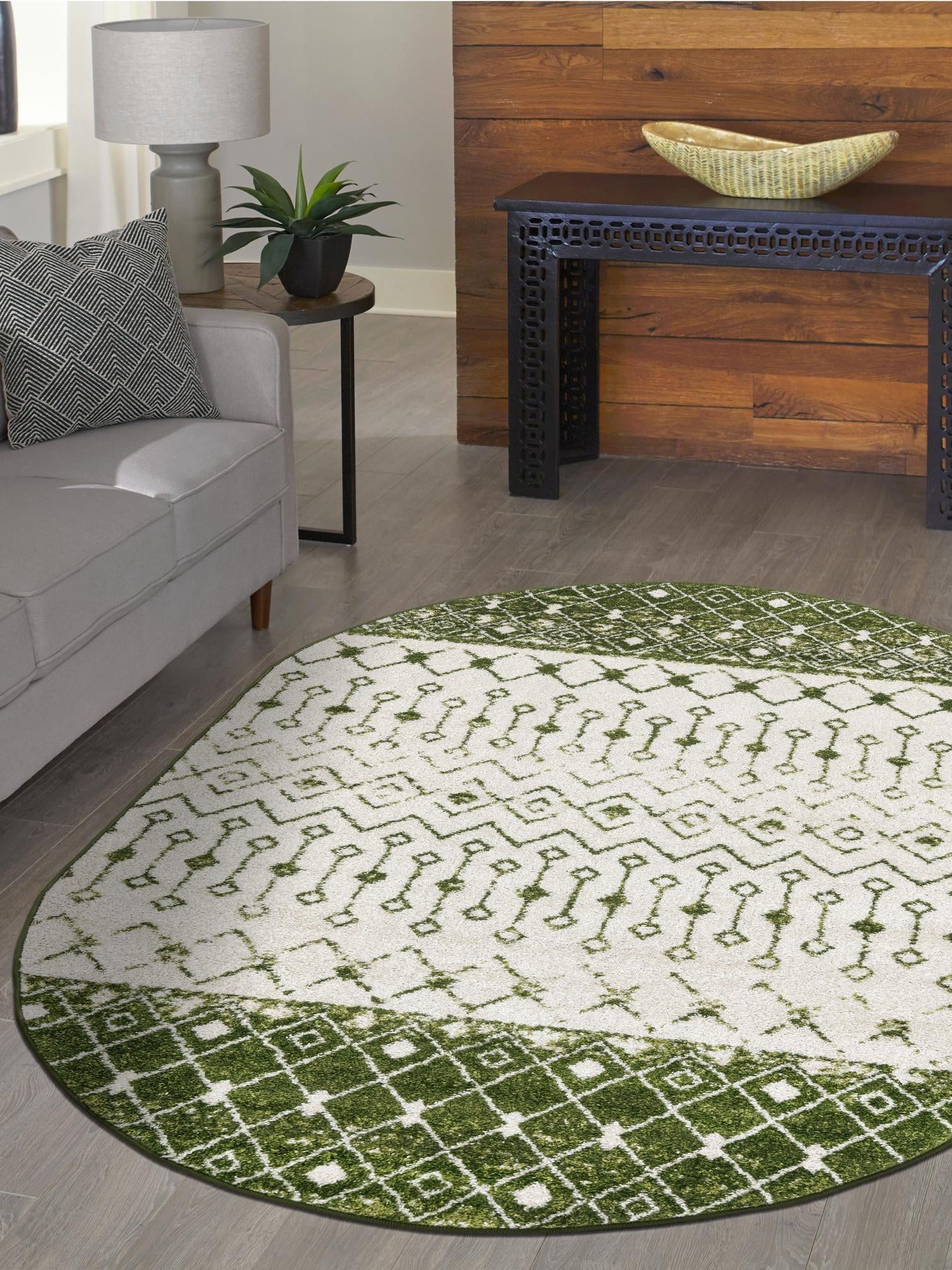 Ivory Green 5' 3 x 8' Tribal Trellis Oval Area Rug Geometric Southwestern Inspired Durable Carpet for Home Interior Design for Sale at Rug Engine