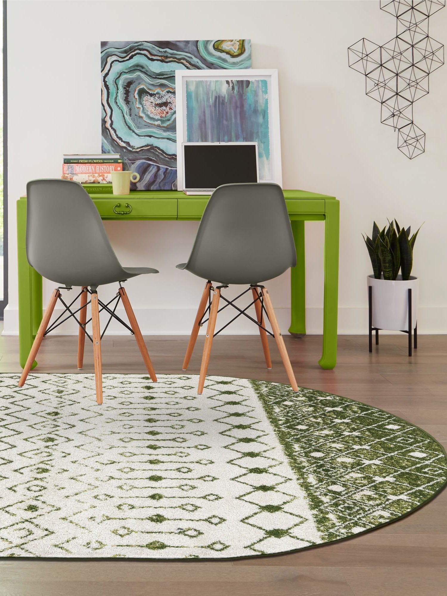 Ivory Green 4' x 6' Tribal Trellis Oval Area Rug Geometric Southwestern Inspired Durable Carpet for Home Interior Design for Sale at Rug Engine
