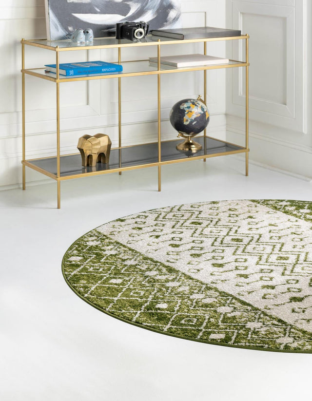 Ivory Green 5' 3 x 5' 3 Tribal Trellis Round Area Rug Geometric Southwestern Inspired Durable Carpet for Home Interior Design for Sale at Rug Engine