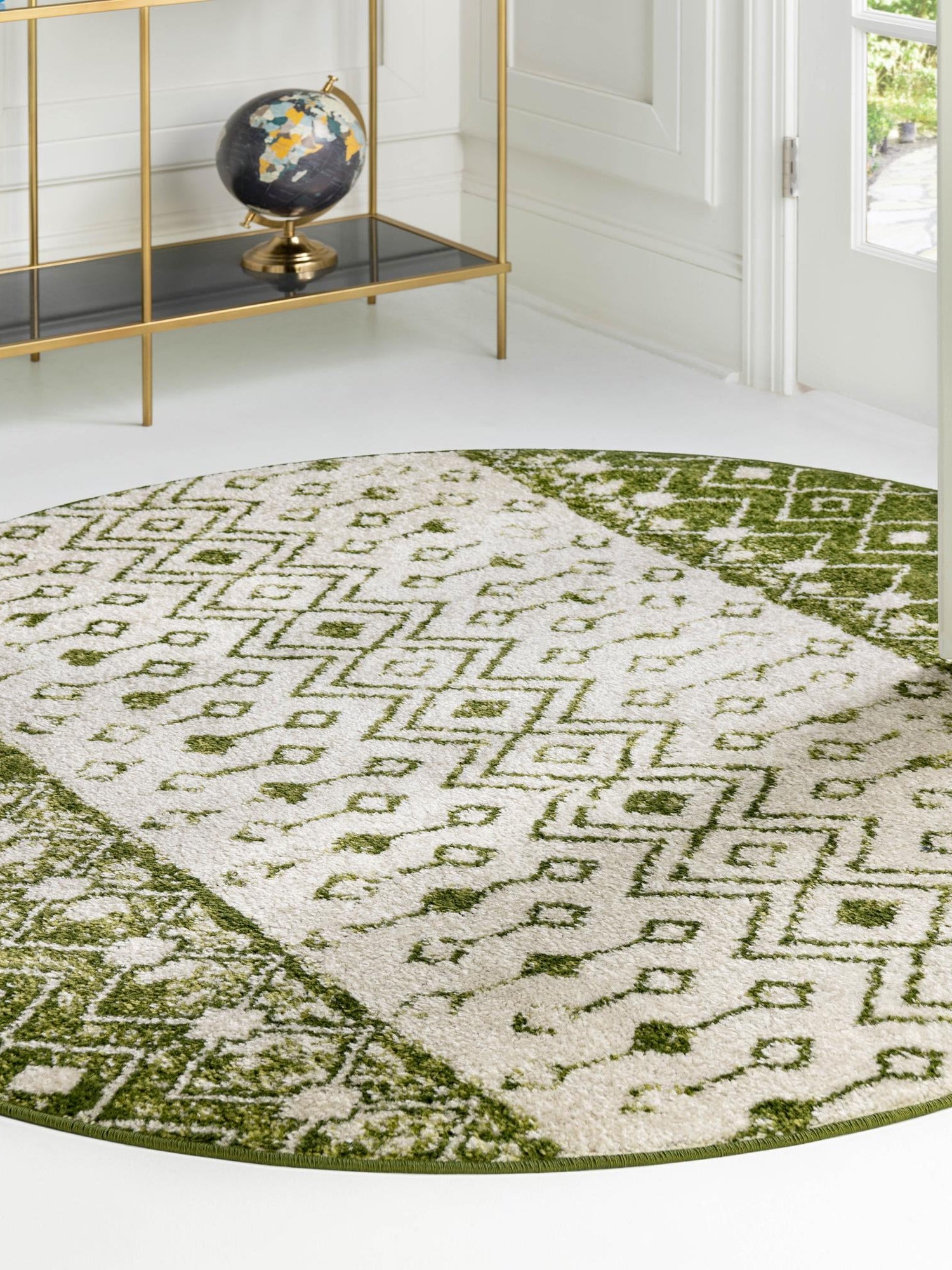 Ivory Green 5' 3 x 5' 3 Tribal Trellis Round Area Rug Geometric Southwestern Inspired Durable Carpet for Home Interior Design for Sale at Rug Engine