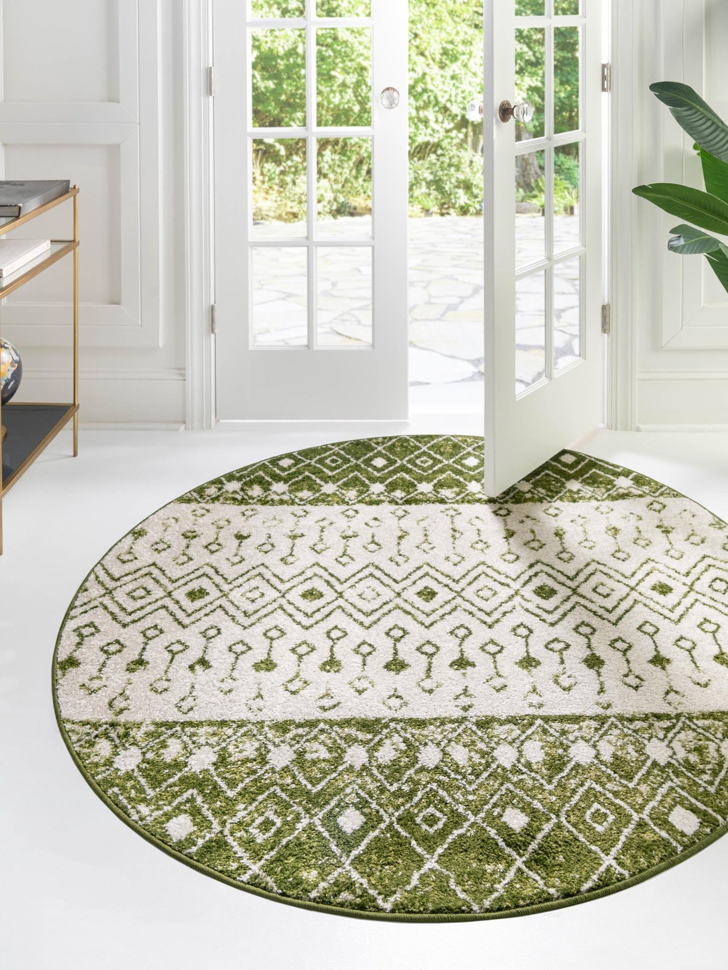 Ivory Green 7' 10 x 7' 10 Tribal Trellis Round Area Rug Geometric Southwestern Inspired Durable Carpet for Home Interior Design for Sale at Rug Engine