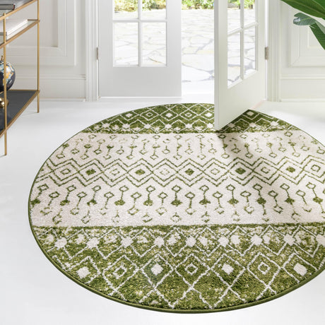 Ivory Green 7' 10 x 7' 10 Tribal Trellis Round Area Rug Geometric Southwestern Inspired Durable Carpet for Home Interior Design for Sale at Rug Engine
