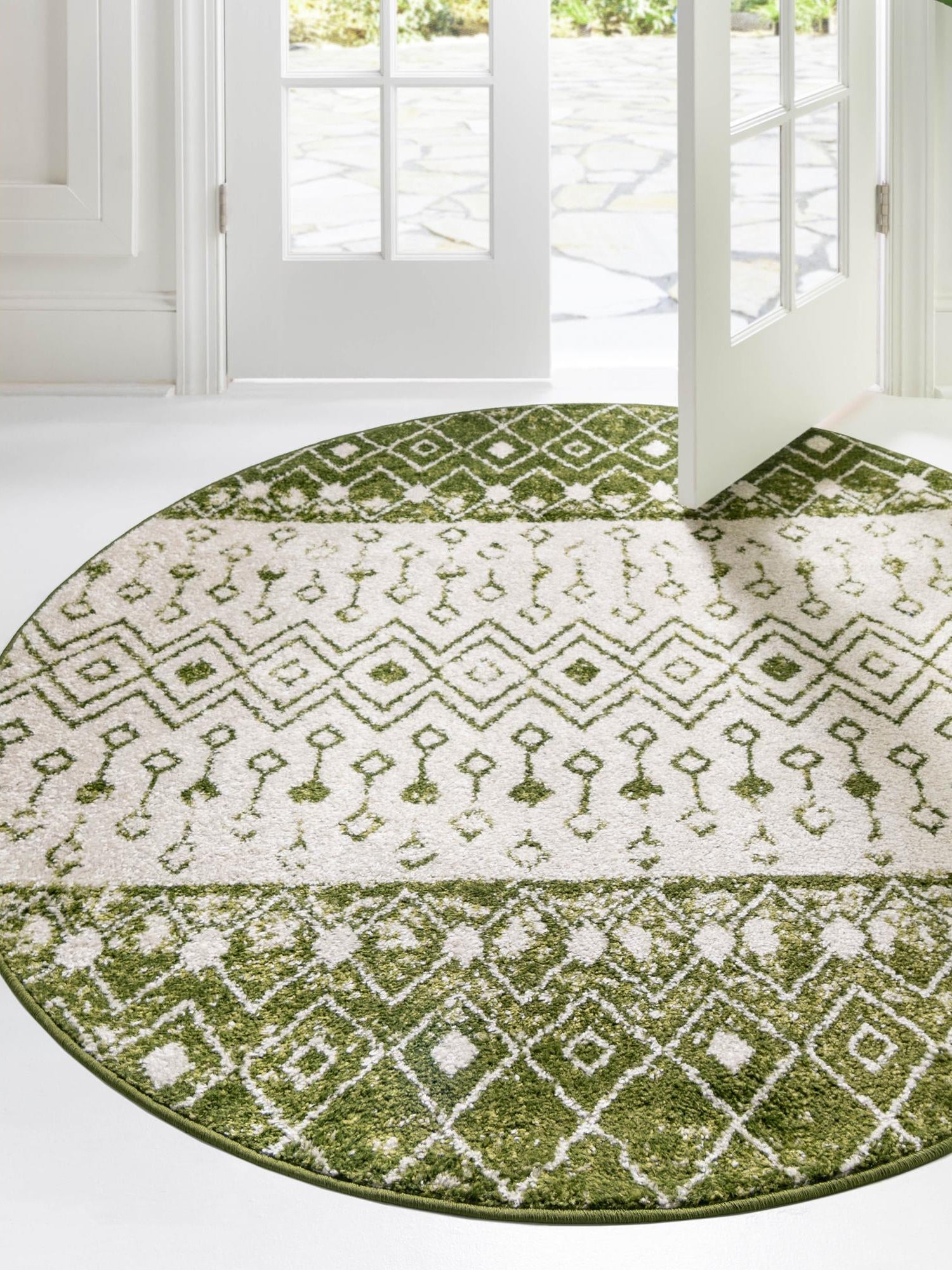 Ivory Green 10' x 10' Tribal Trellis Round Area Rug Geometric Southwestern Inspired Durable Carpet for Home Interior Design for Sale at Rug Engine