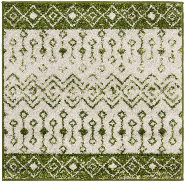 Ivory Green 3' 3 x 3' 3 Tribal Trellis Square Area Rug Geometric Southwestern Inspired Durable Carpet for Home Interior Design for Sale at Rug Engine
