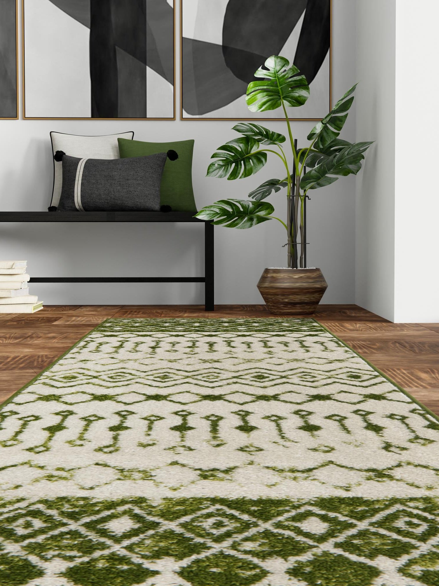Ivory Green 2' x 8' Tribal Trellis Runner Area Rug Geometric Southwestern Inspired Durable Carpet for Home Interior Design for Sale at Rug Engine