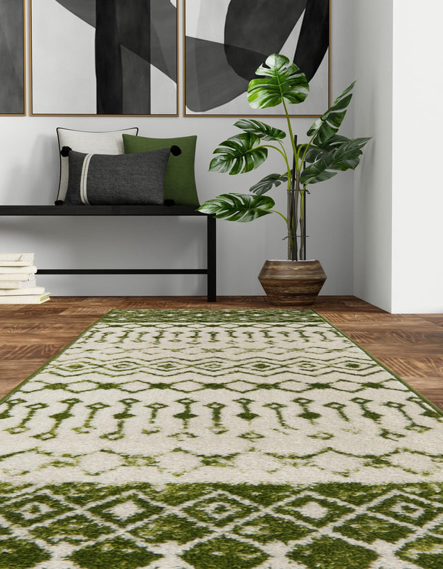 Ivory Green 2' 7 x 10' Tribal Trellis Runner Area Rug Geometric Southwestern Inspired Durable Carpet for Home Interior Design for Sale at Rug Engine
