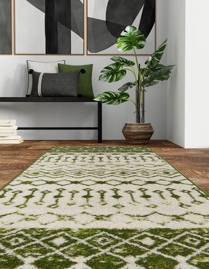 Ivory Green 2' x 5' Tribal Trellis Runner Area Rug Geometric Southwestern Inspired Durable Carpet for Home Interior Design for Sale at Rug Engine