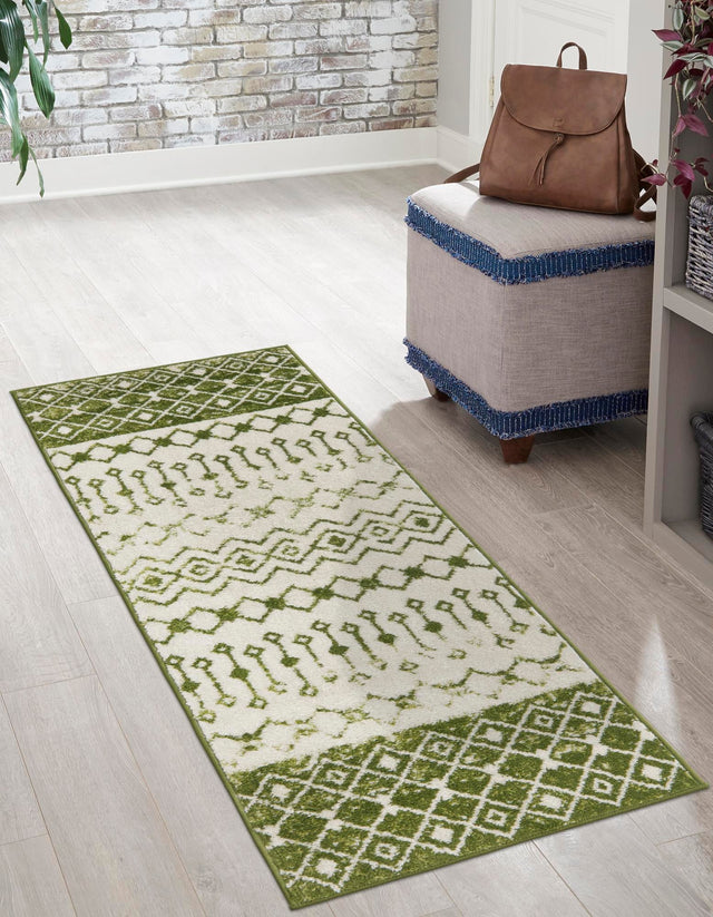 Ivory Green 2' x 7' Tribal Trellis Runner Area Rug Geometric Southwestern Inspired Durable Carpet for Home Interior Design for Sale at Rug Engine