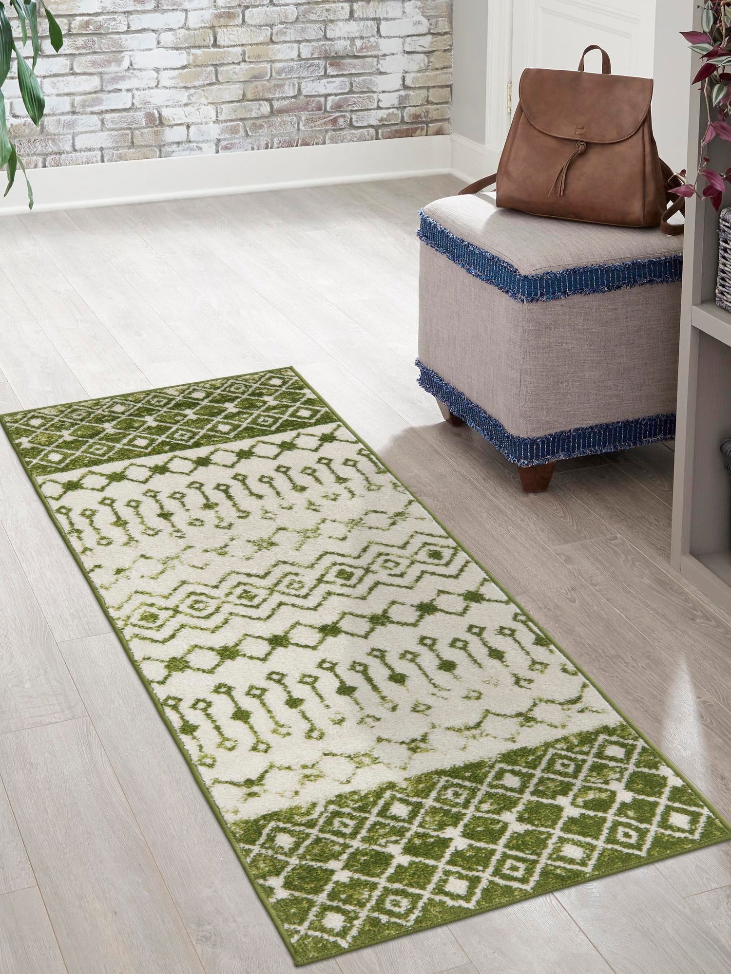 Ivory Green 2' x 8' Tribal Trellis Runner Area Rug Geometric Southwestern Inspired Durable Carpet for Home Interior Design for Sale at Rug Engine