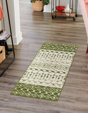 Ivory Green 2' x 7' Tribal Trellis Runner Area Rug Geometric Southwestern Inspired Durable Carpet for Home Interior Design for Sale at Rug Engine