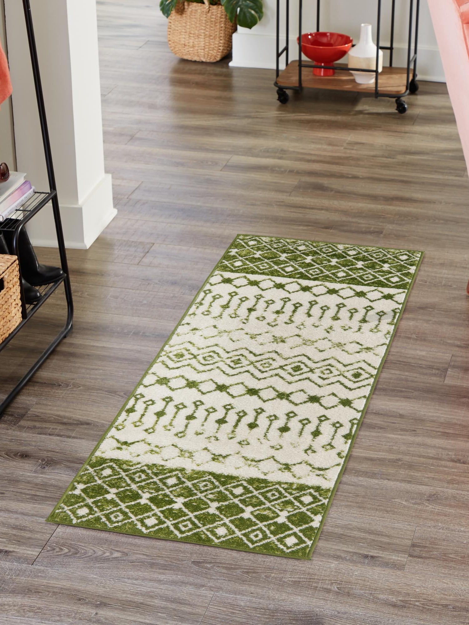 Ivory Green 2' x 8' Tribal Trellis Runner Area Rug Geometric Southwestern Inspired Durable Carpet for Home Interior Design for Sale at Rug Engine