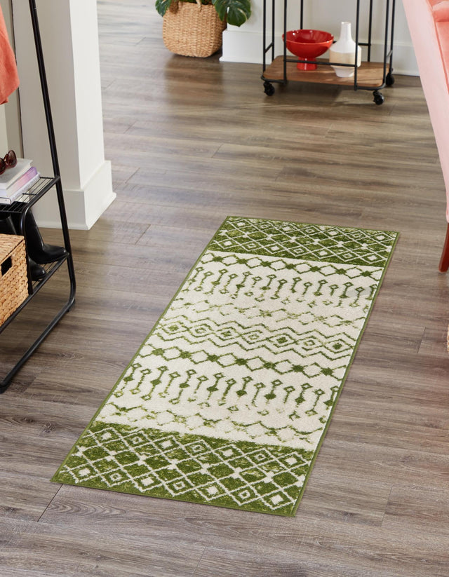 Ivory Green 2' 7 x 10' Tribal Trellis Runner Area Rug Geometric Southwestern Inspired Durable Carpet for Home Interior Design for Sale at Rug Engine