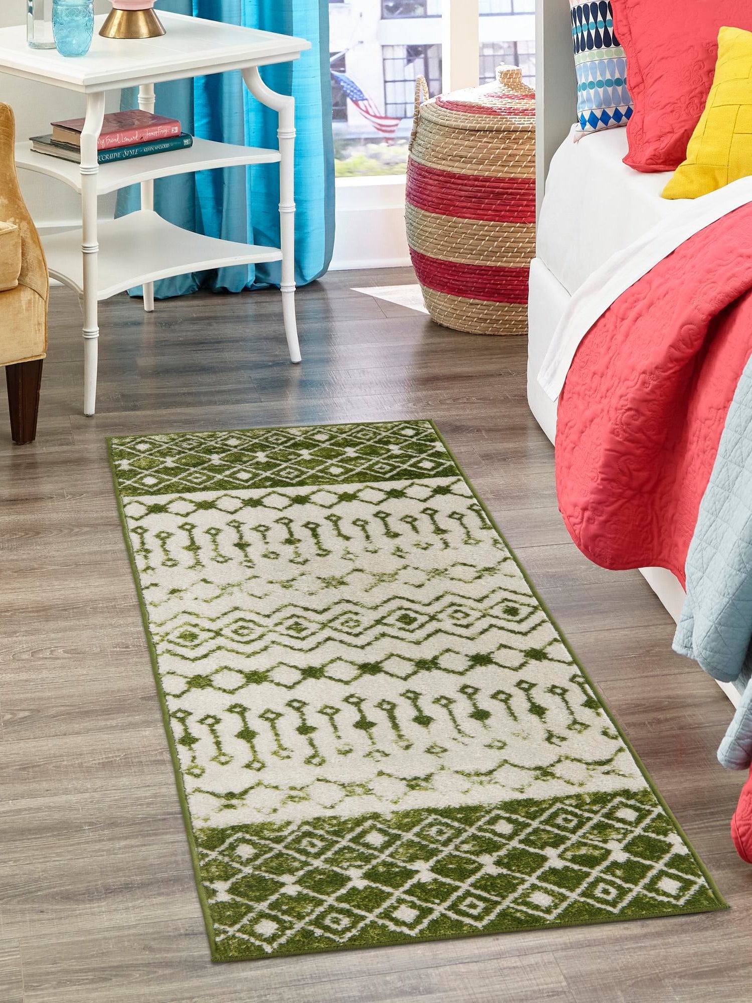 Ivory Green 2' x 7' Tribal Trellis Runner Area Rug Geometric Southwestern Inspired Durable Carpet for Home Interior Design for Sale at Rug Engine