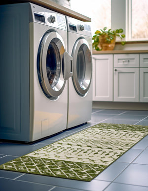Ivory Green 2' 7 x 10' Tribal Trellis Runner Area Rug Geometric Southwestern Inspired Durable Carpet for Home Interior Design for Sale at Rug Engine