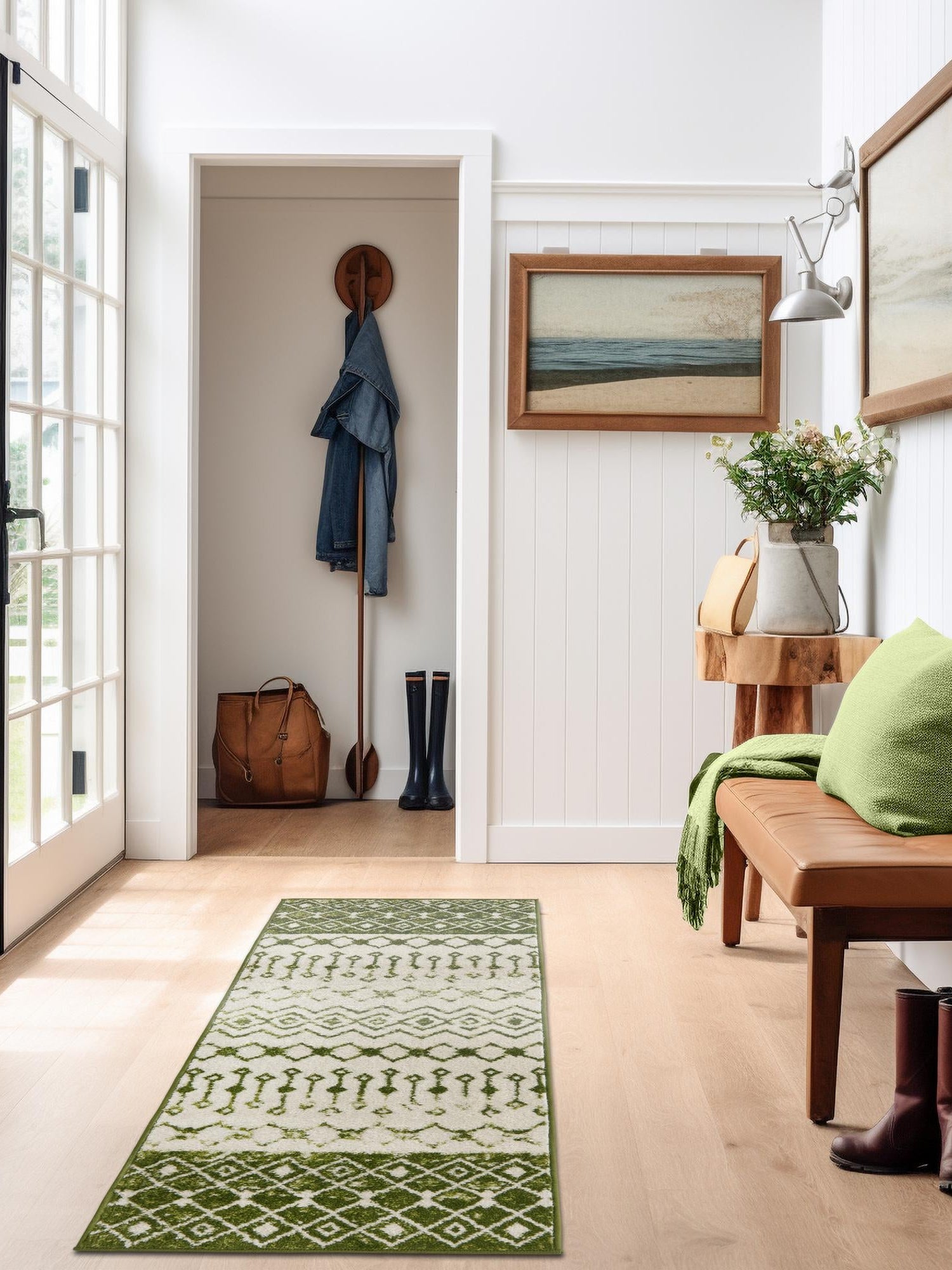 Ivory Green 2' 7 x 10' Tribal Trellis Runner Area Rug Geometric Southwestern Inspired Durable Carpet for Home Interior Design for Sale at Rug Engine