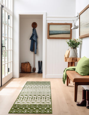 Ivory Green 2' 7 x 10' Tribal Trellis Runner Area Rug Geometric Southwestern Inspired Durable Carpet for Home Interior Design for Sale at Rug Engine