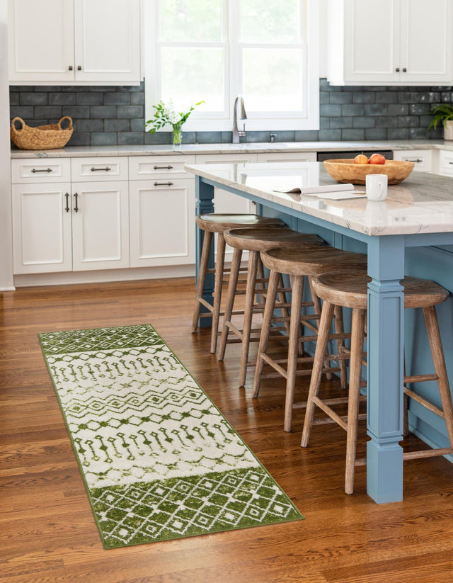 Ivory Green 3' 3 x 16' 5 Tribal Trellis Runner Area Rug Geometric Southwestern Inspired Durable Carpet for Home Interior Design for Sale at Rug Engine