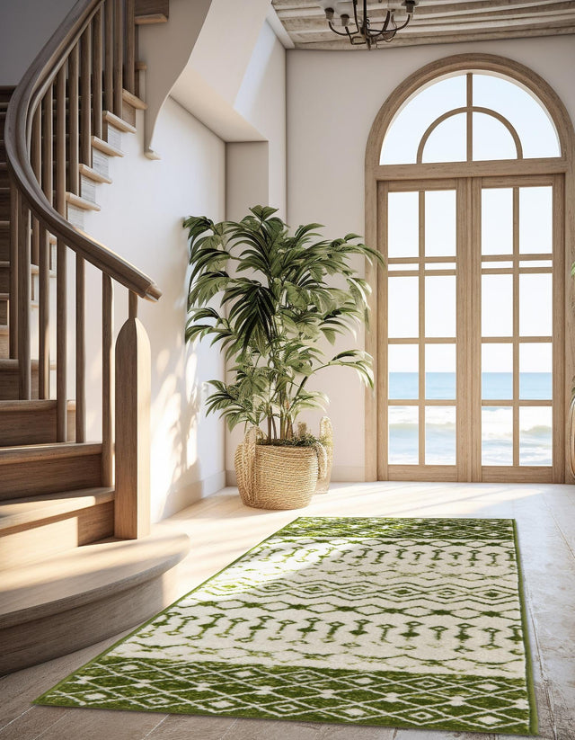 Ivory Green 3' 3 x 16' 5 Tribal Trellis Runner Area Rug Geometric Southwestern Inspired Durable Carpet for Home Interior Design for Sale at Rug Engine
