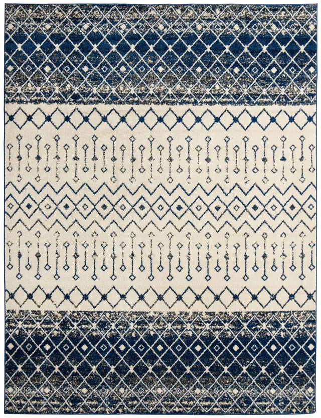 Ivory Navy Blue 10' x 13' Tribal Trellis Rectangle Area Rug Geometric Southwestern Inspired Durable Carpet for Home Interior Design for Sale at Rug Engine