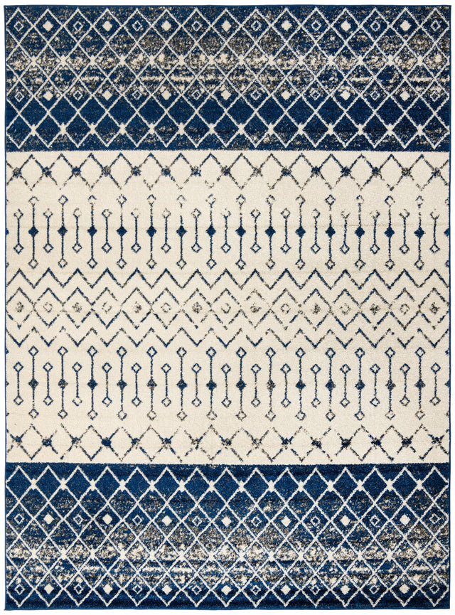 Ivory Navy Blue 9' x 12' Tribal Trellis Rectangle Area Rug Geometric Southwestern Inspired Durable Carpet for Home Interior Design for Sale at Rug Engine