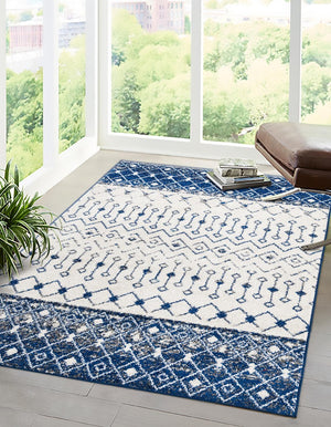 Ivory Navy Blue 4' x 6' Tribal Trellis Rectangle Area Rug Geometric Southwestern Inspired Durable Carpet for Home Interior Design for Sale at Rug Engine