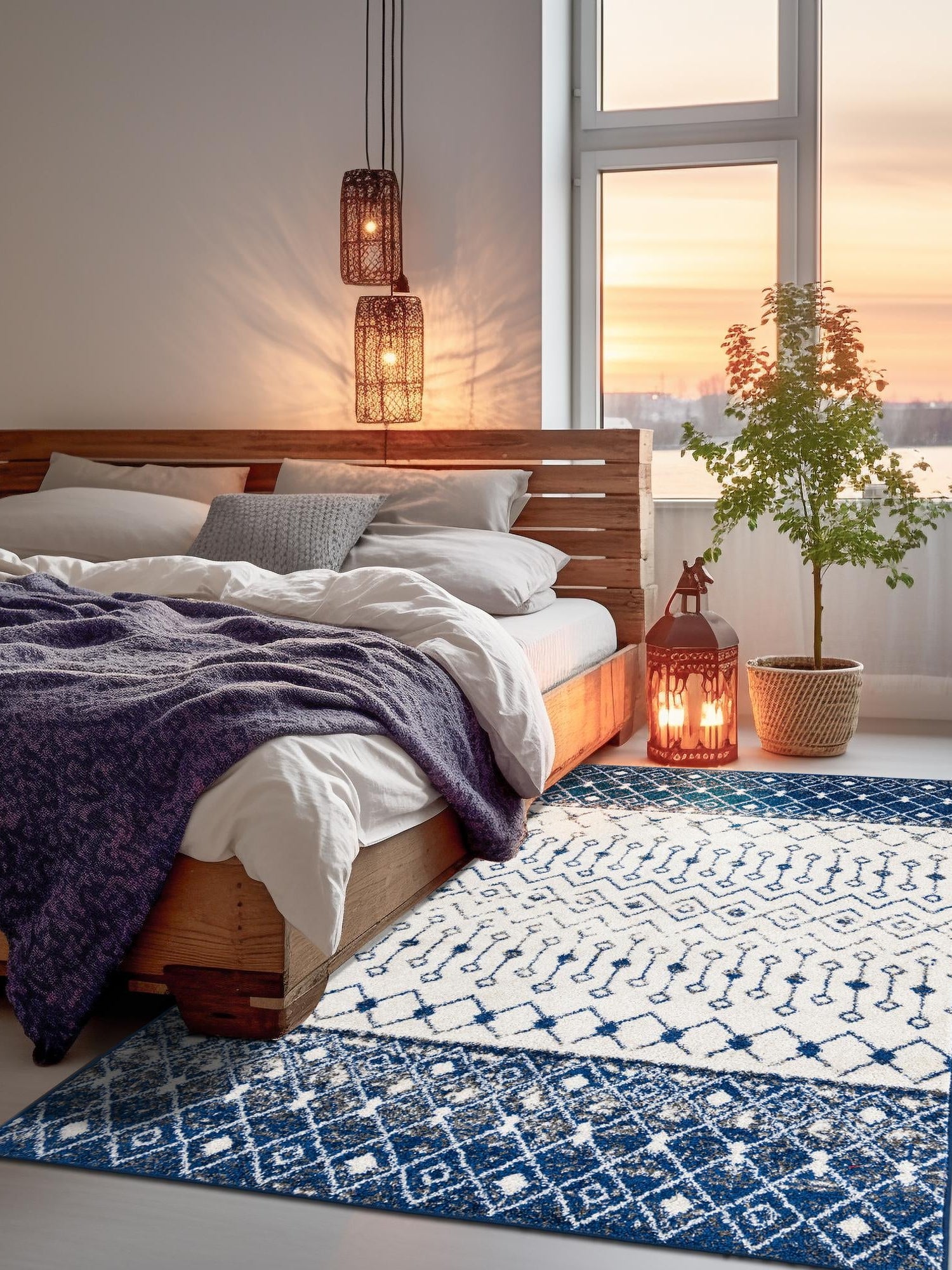 Ivory Navy Blue 8' x 10' Tribal Trellis Rectangle Area Rug Geometric Southwestern Inspired Durable Carpet for Home Interior Design for Sale at Rug Engine